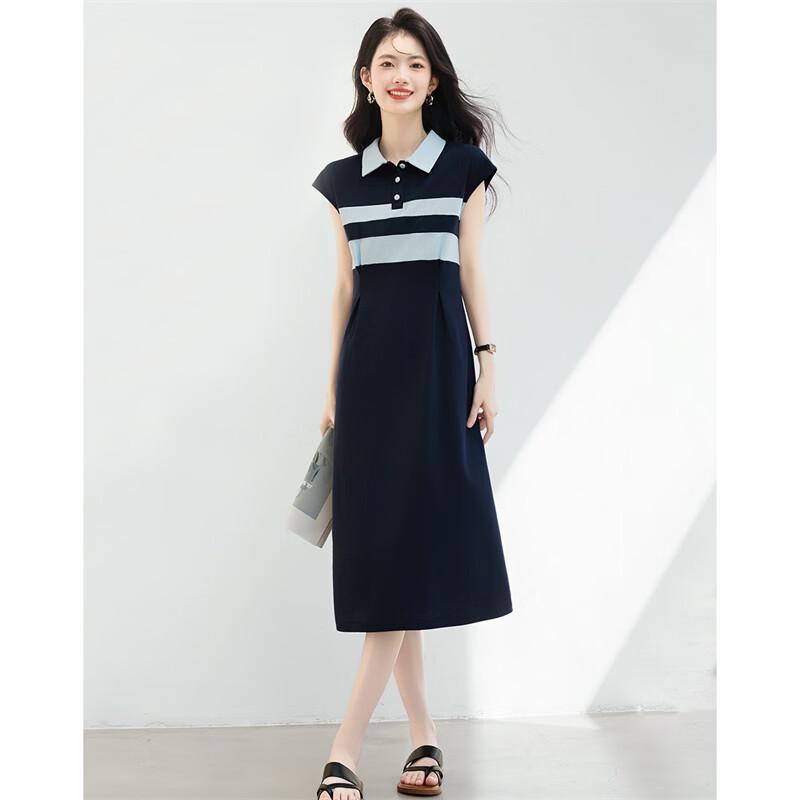 Xinfeiyu Fashion Color Block Slimming Midi Polo Dress