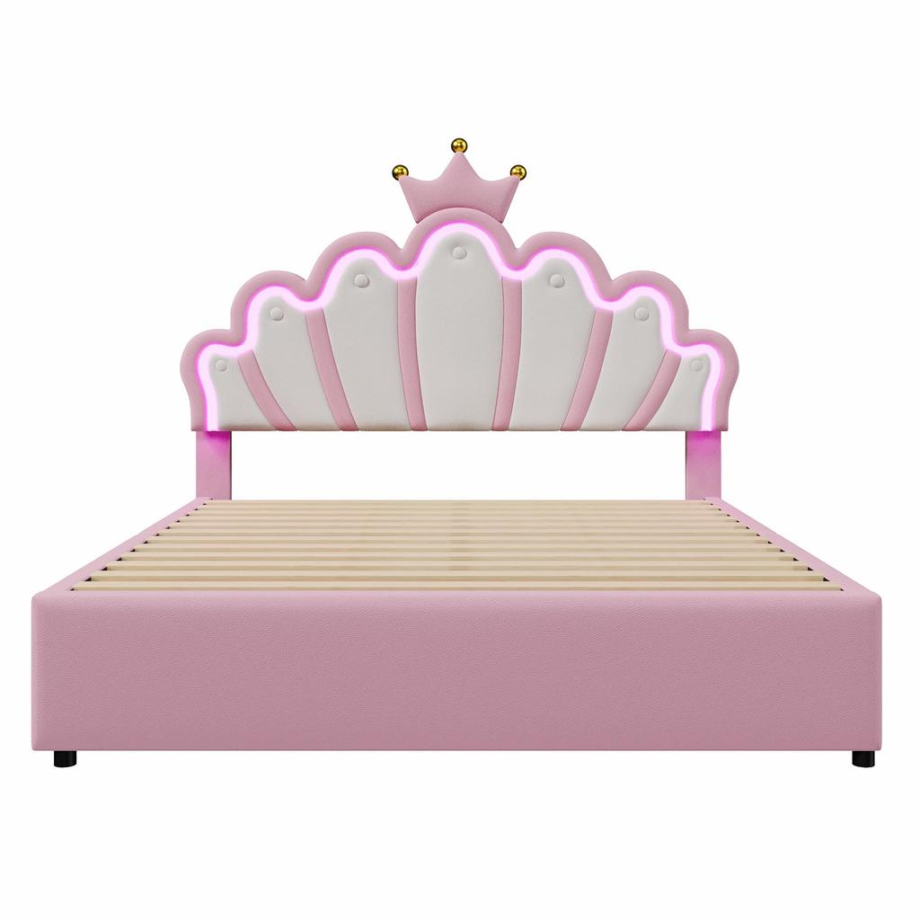 Children's Bed 140x200 Girls Crown Single Bed with Adjustable Headboard, LED Strip, Slatted Frame and 2 Drawers, PU Leather  (without Mattress), Pink
