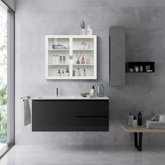 Wall Cabinet Modern Glass Double Doors Three Tiers Detachable Shelves Golden Handle Entryway Living Room Kitchen Bathroom Wood Storage Sideboard