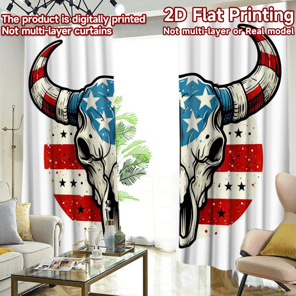2D FLAT PRINTING 2pcs Curtains (Without Rod) Patriotic Bull Skull Print Chic Curtains Prints Light Filtering Curtains Gifts Use