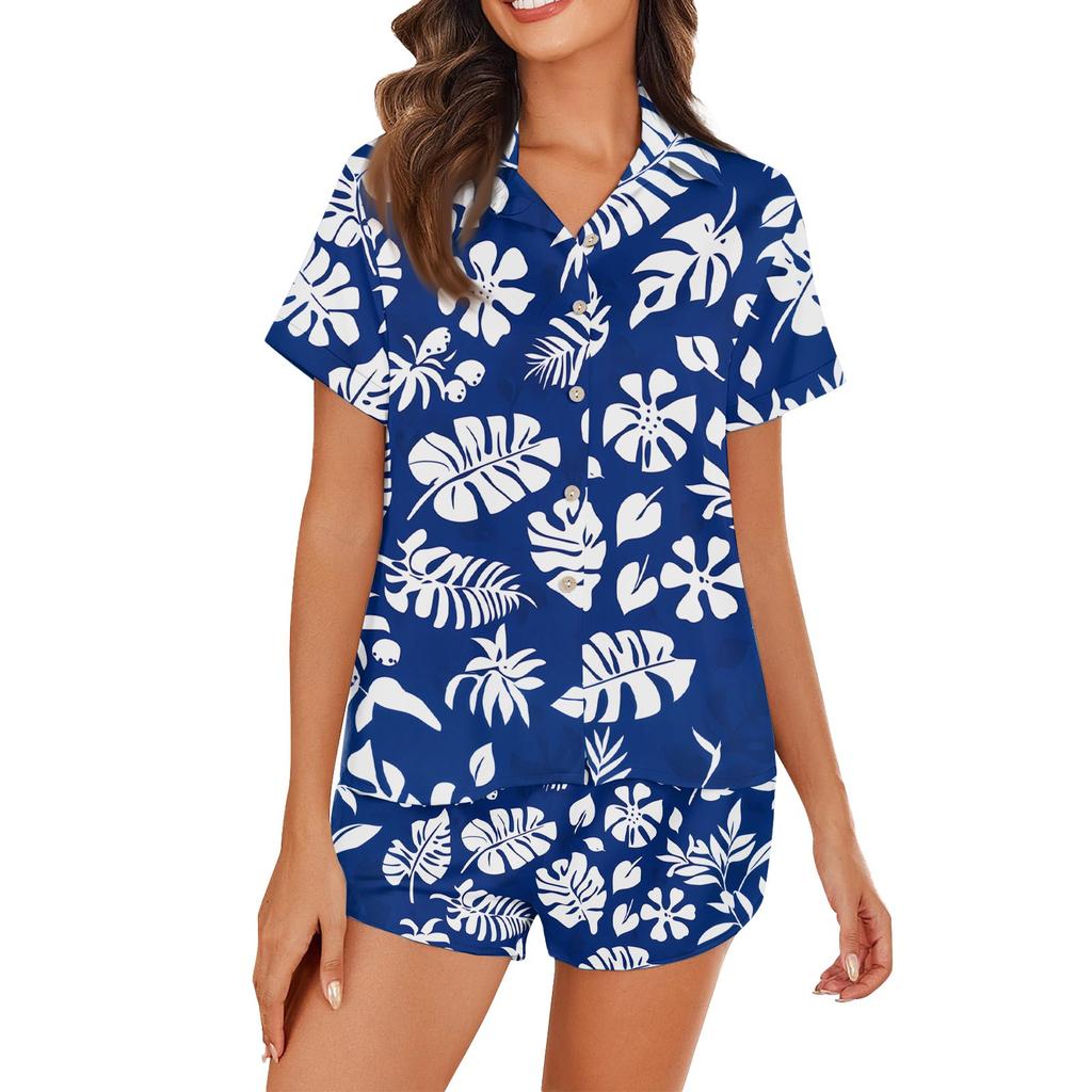 Women's Ice Silk Pajamas Button Homewear Hawaiian Print Short Sleeve Satin Pajama Set