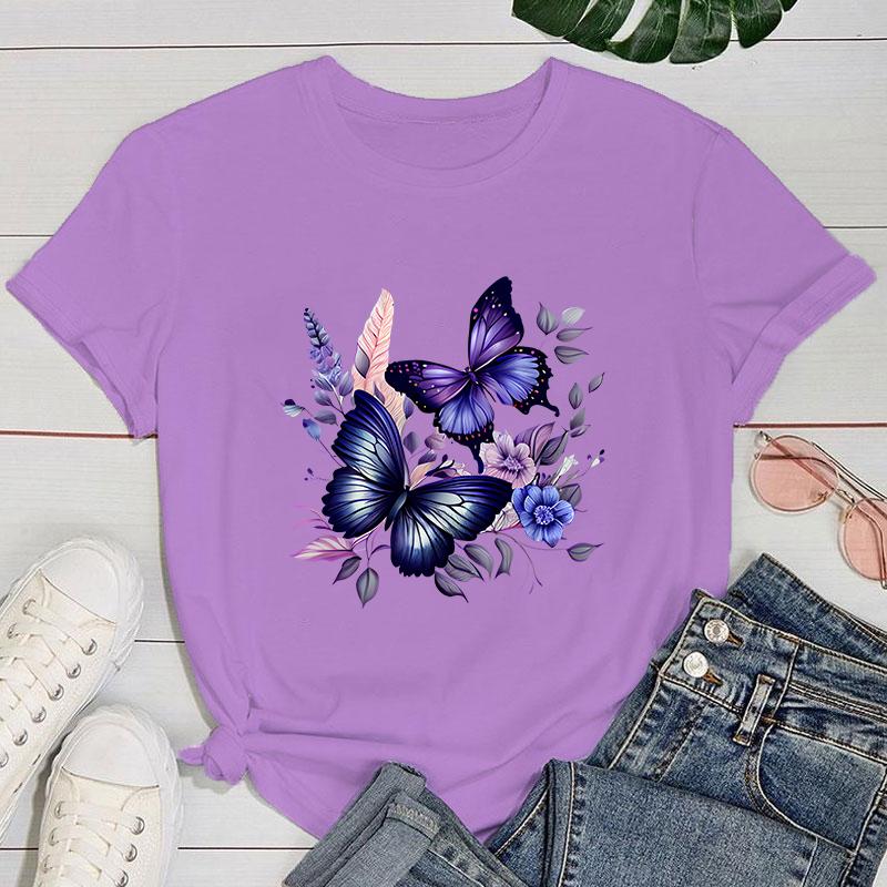 (Premium T-shirt)Hot Sales Flowers Butterfly T Shirts Women Summer Cool Short Sleeves Personality Harajuku T-Shirt
