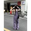 Tuta da lavoro in denim viola rétro a vita alta da donna - Jumpsuit snellente, ampia, a gamba larga per primavera ed estate
