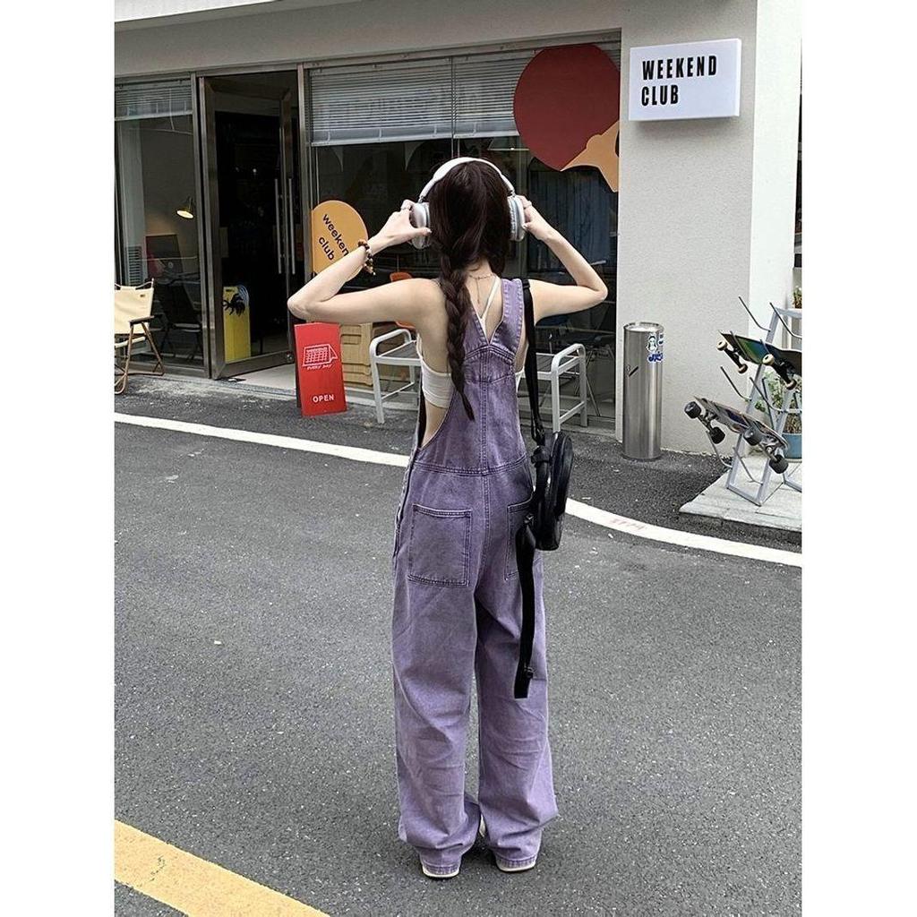 Women's Retro Purple High-Waist Denim Overalls - Slimming, Loose, Wide-Leg Jumpsuit for Spring & Summer