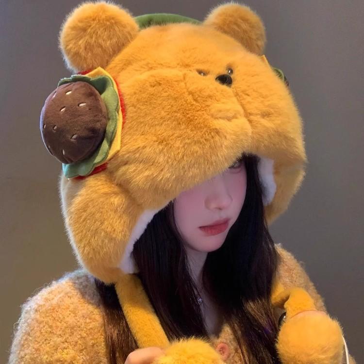 MIND BOY Cute Burger Bear Plush Hat Female Warm Big Head Circumference Show Face Small Ear Protection Lei Feng Hat