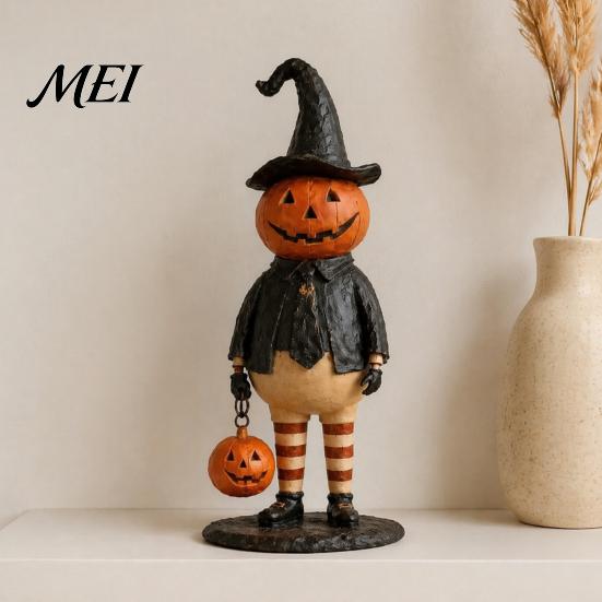 Unique Holiday Gift for Fall Pumpkin Witch Figurine, Spooky Halloween Statue with Lantern, Festive Party Table Centerpiece Vintage Gothic Resin