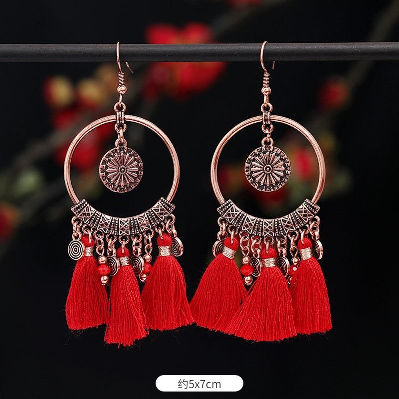 Vintage Bohemian Red Tassel Earrings Female Long Temperament Earrings Vacation Photography Bridal Earrings