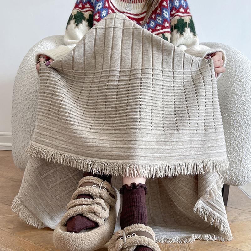 Korean Fashion Autumn Winter Women Midi Warm Skirt High Waist Beige Black Khaki Knitting Skirt Tassel Mermaid Knitted Thick Skirts