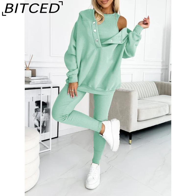 BITCED Women's Sportswear Hooded Sweatshirt with Thick Ribbed Slim-Fit Vest and Trousers Three-Piece Set