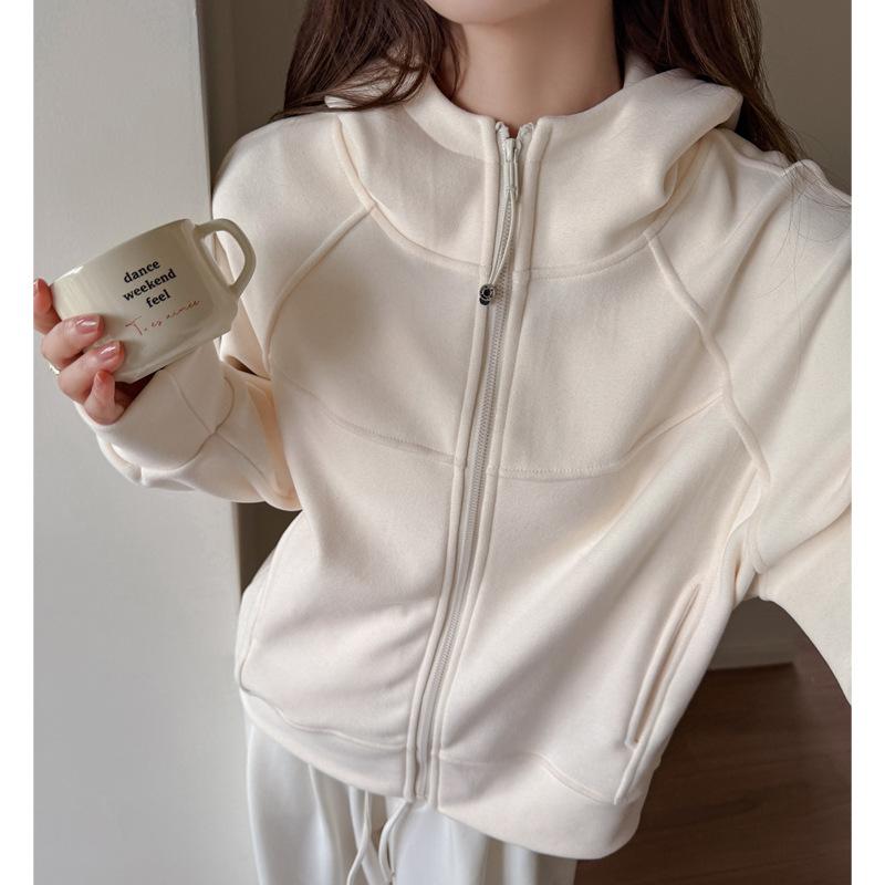Autumn and winter thickened hooded sweater jacket women's loose and thin zipper cardigan solid color casual top