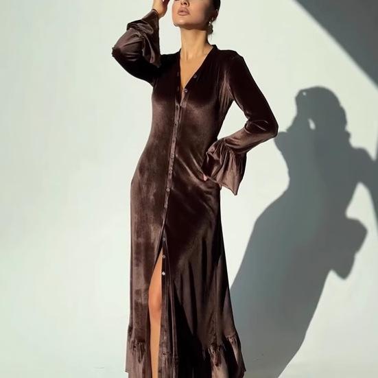 Elegant Women's Long-Sleeve Button Dress – Sexy European & American Style