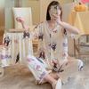 Short-Sleeved Pajamas Three-Piece Korean Version Of Sweet And Cute Cardigan Women'S Loungewear