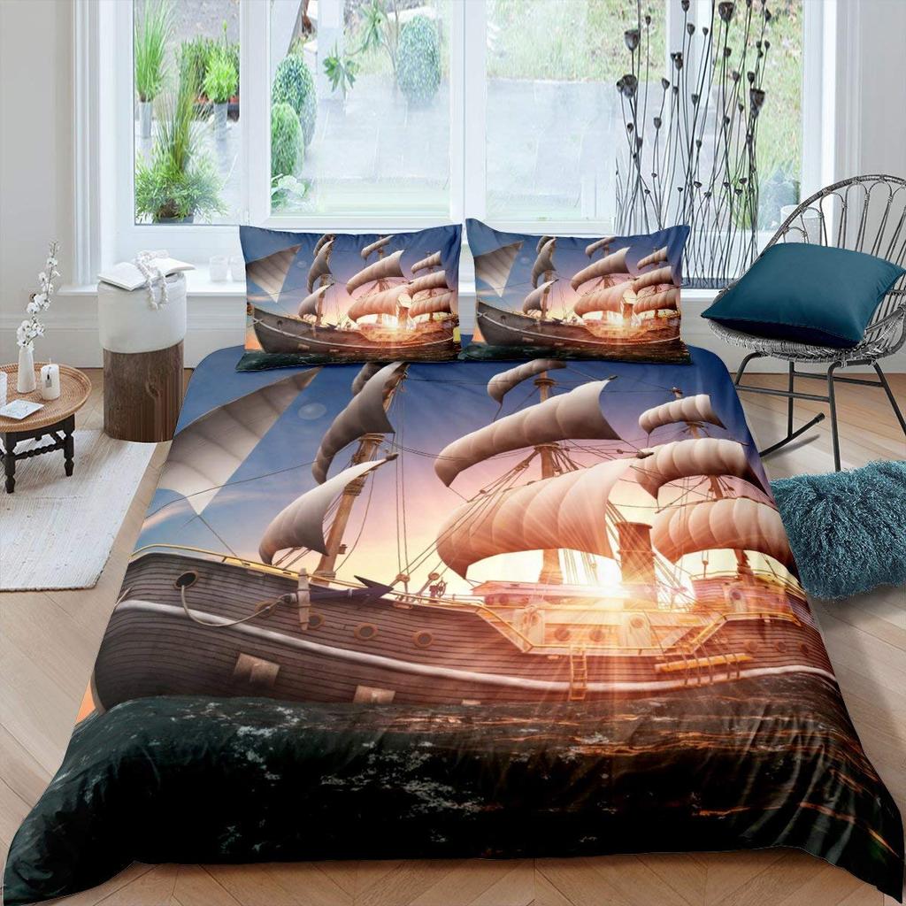 Bettbezug-Set mit Segelbooten, Mikrofaser, nautische Dekoration, Queen-Size-Bett, Retro-Piraten-Segelboot-Bettbezug, Sonnenuntergang, Marine-Muster