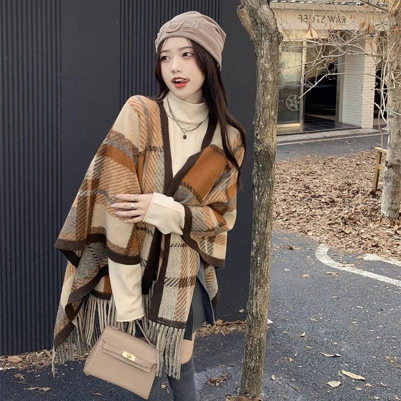 New retro plaid shawl women's high-end versatile autumn and winter imitation cashmere warm scarf thick