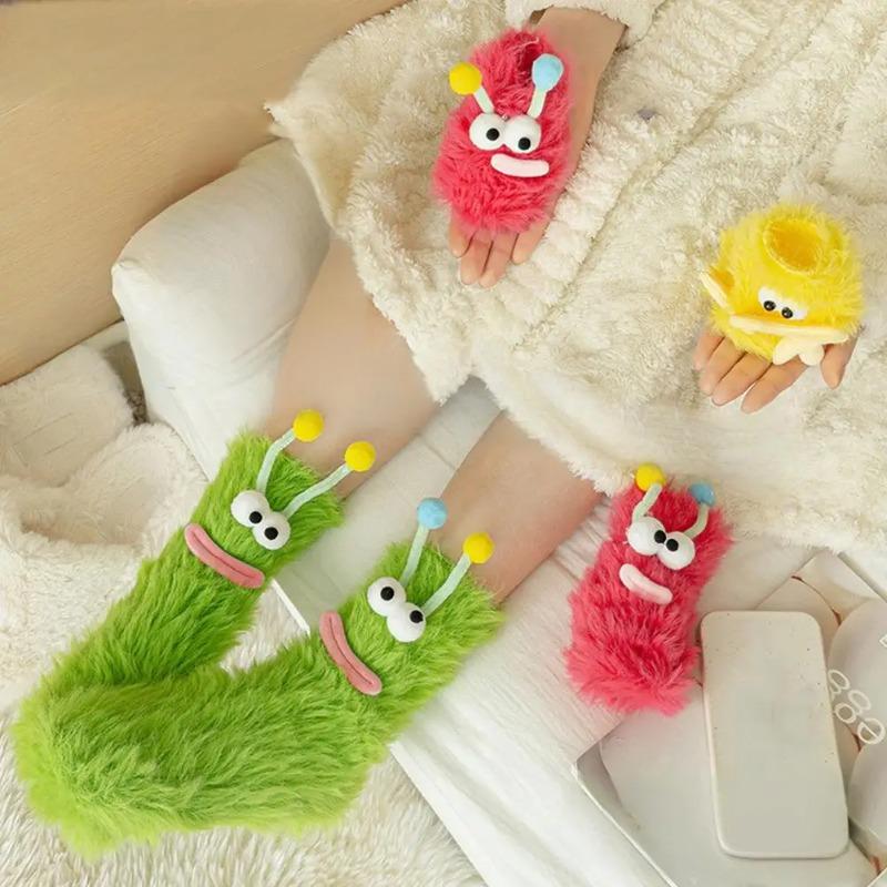 Cute Ugly Big Eye Funny Fleece Floor Socks  Coral Velvet Thickened Warm Plush Socks Autumn And Winter Home Socks