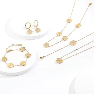 Plum Blossom Metal Laser Five Leaf Flower Bracelet Necklace Earrings for Women Gift Fashion Stainless Steel Clover Jewelry Set