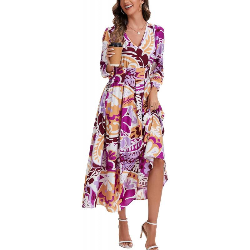 Xiaoxiangfeng 2026 summer new floral high-end temperament printed long-sleeved long dress XS фиолетовый