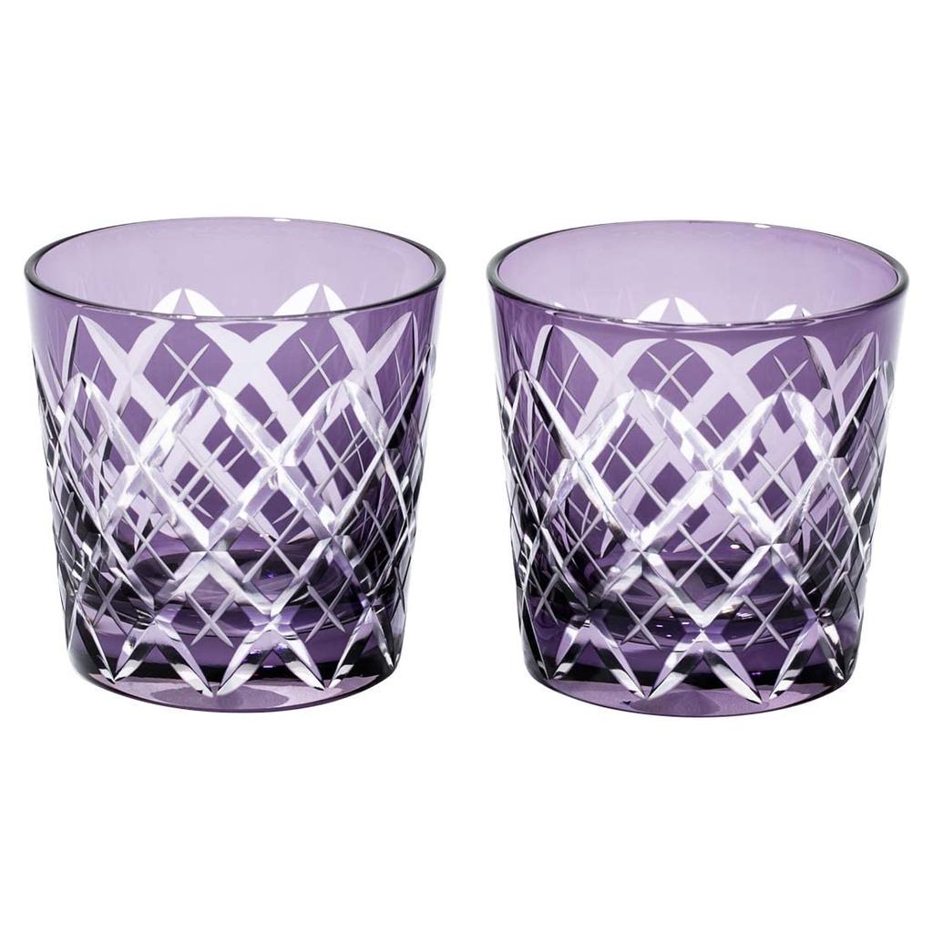 Kobo Edo Kiriko Yarai Crest Cold Sake Cup Pair Wooden Box Made in Japan [Taimuro Official] (Edo Purple) TB90152-1Ms