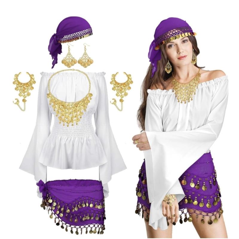 Gypsys Costume Accessories for Women Belly Dance Outfits Head Scarf with Belly Dance Coins Hip Scarf Chain Bracelets