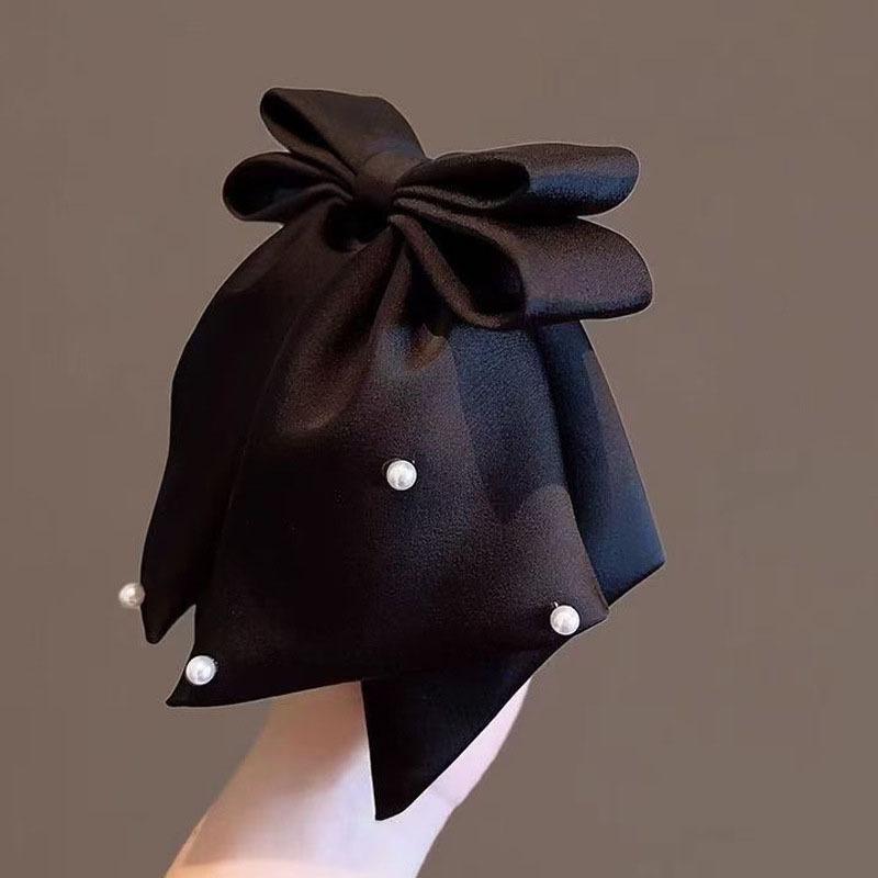 Women Girls Sweet Pearl Satin Bowknot Hair Clip Simple Big Ribbon Bow Barrette Solid Scarf Hairpin Grip Ponytail Clip