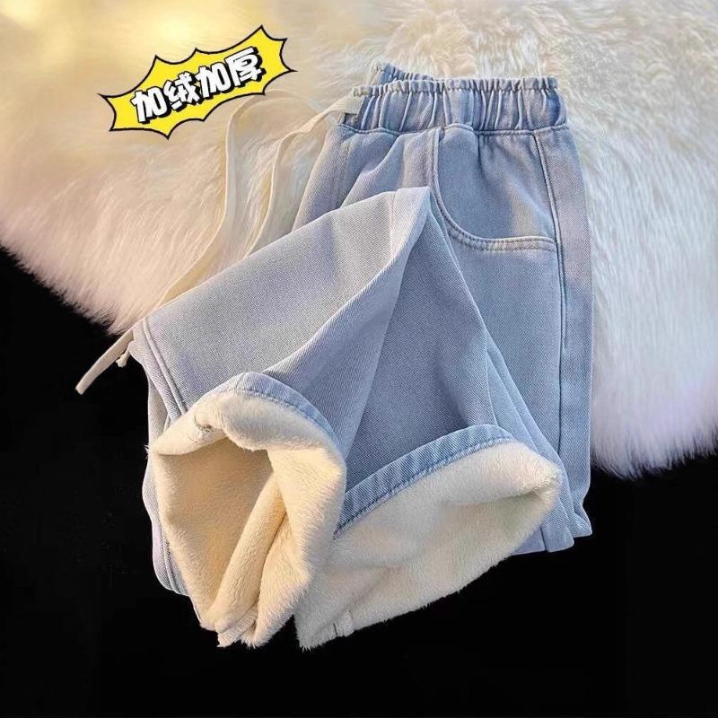 Fleece thickened jeans women's clothing, autumn and winter clothing, new student handsome elastic waist straight trousers