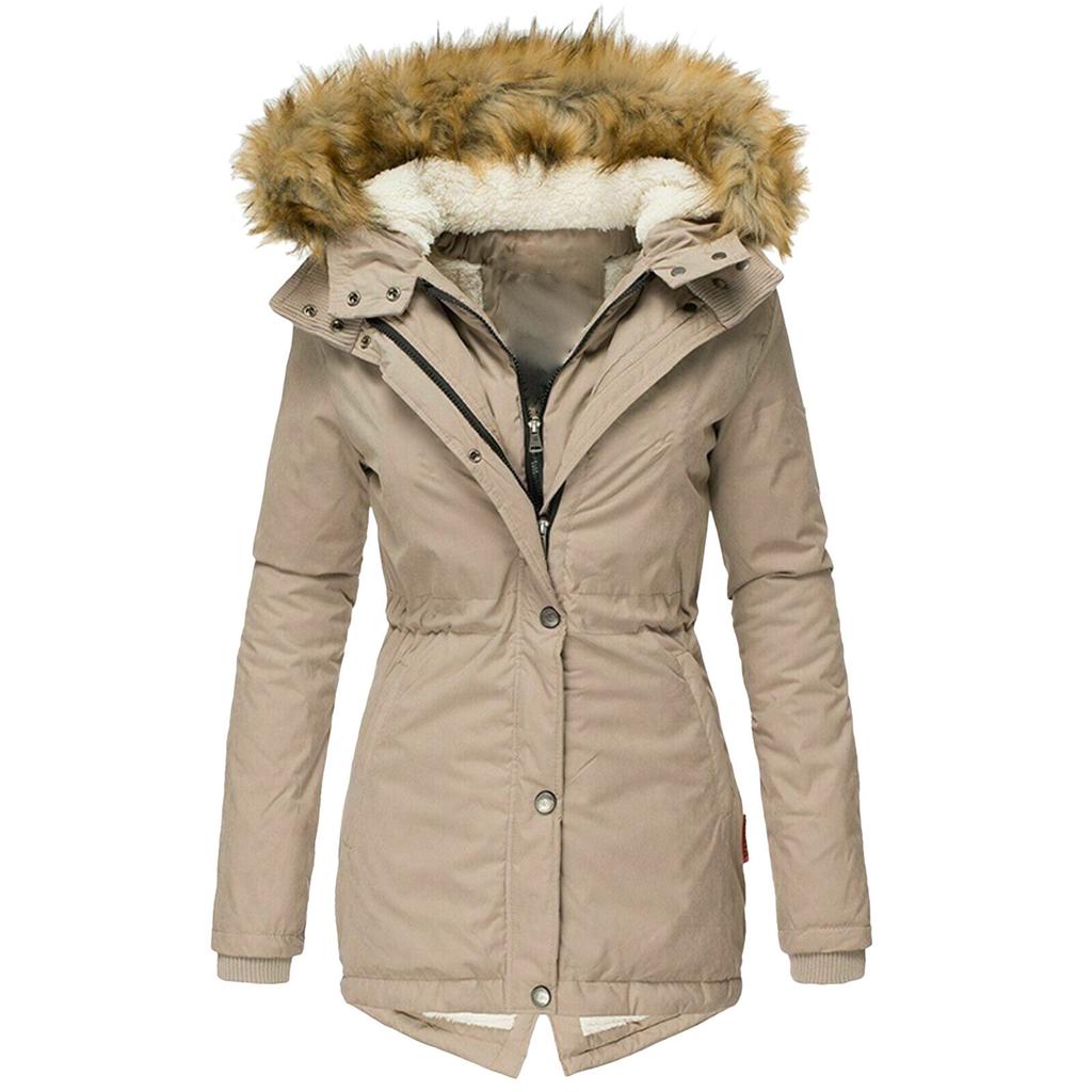 Women's Winter Warm Fur Collar Zipper Long Sleeve Slim Fit Hooded Jacket