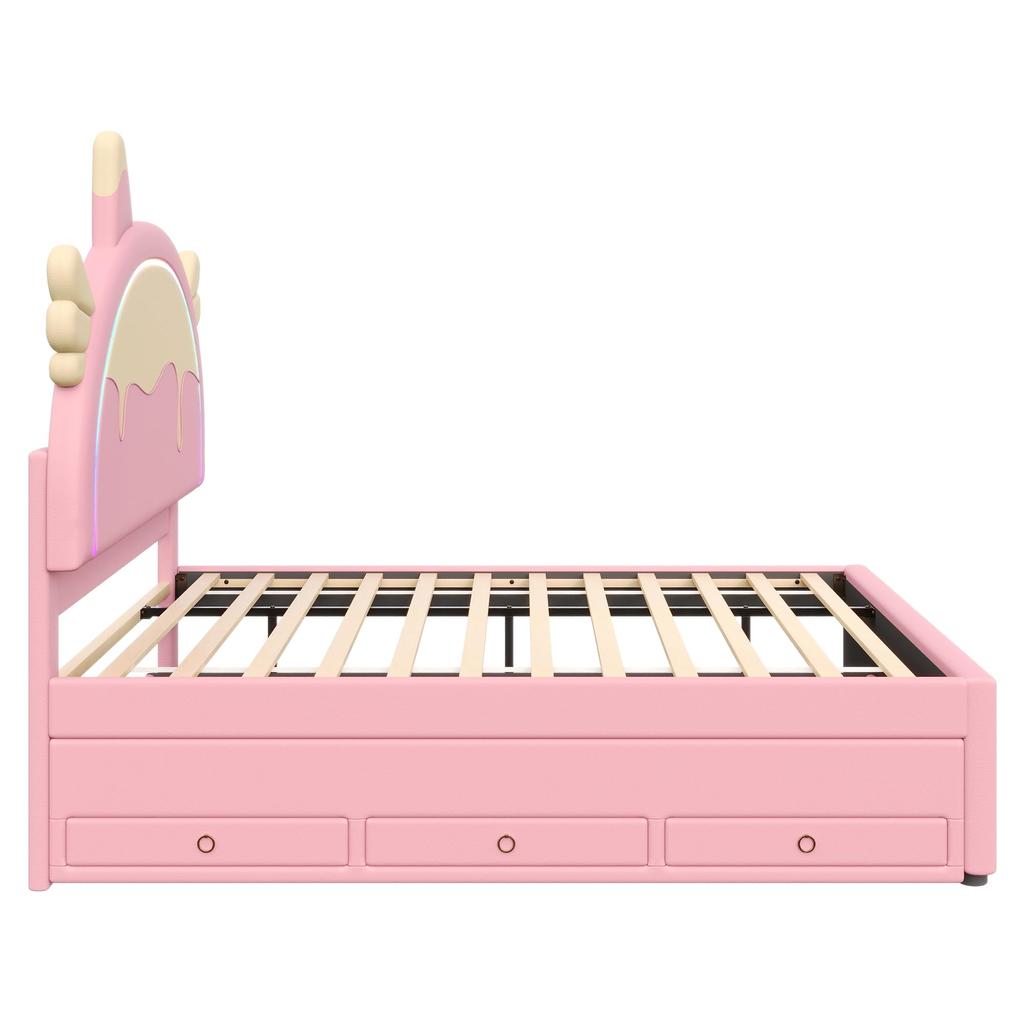 Kinderbett 140x200cm mit LED-Licht, Schlafsofa Tagesbett mit Ausziehbett & Schubladen, Ohne Matratze