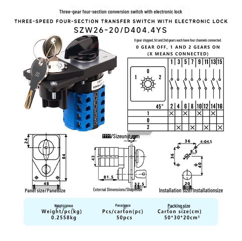 

Zhuochao SZW26-20/D404.4YS 3-Speed 4-Position Changeover Switch with Electronic Lock