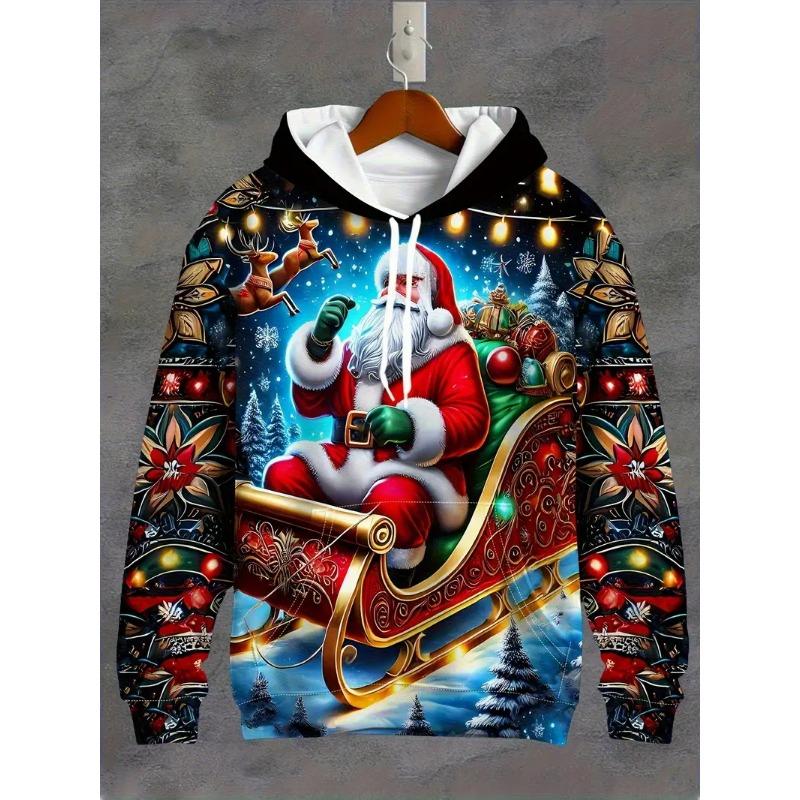 Men'S Santa Claus Motorcycle Hoodie Full Print Christmas Pullover Sweatshirt With Santa Riding Motorcycle Men's Sweatshirt