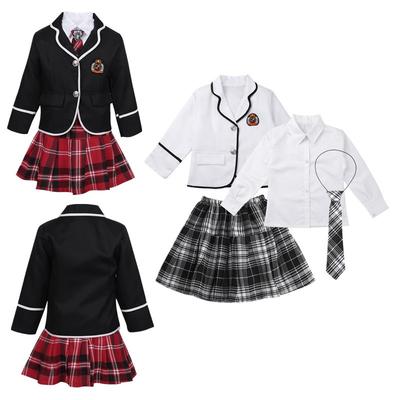 Uniforme Escolar Japonés Coreano para Niñas Disfraz de Anime Camisa de Manga Larga Abrigo con Falda Plisada a Cuadros Set de 4 Piezas