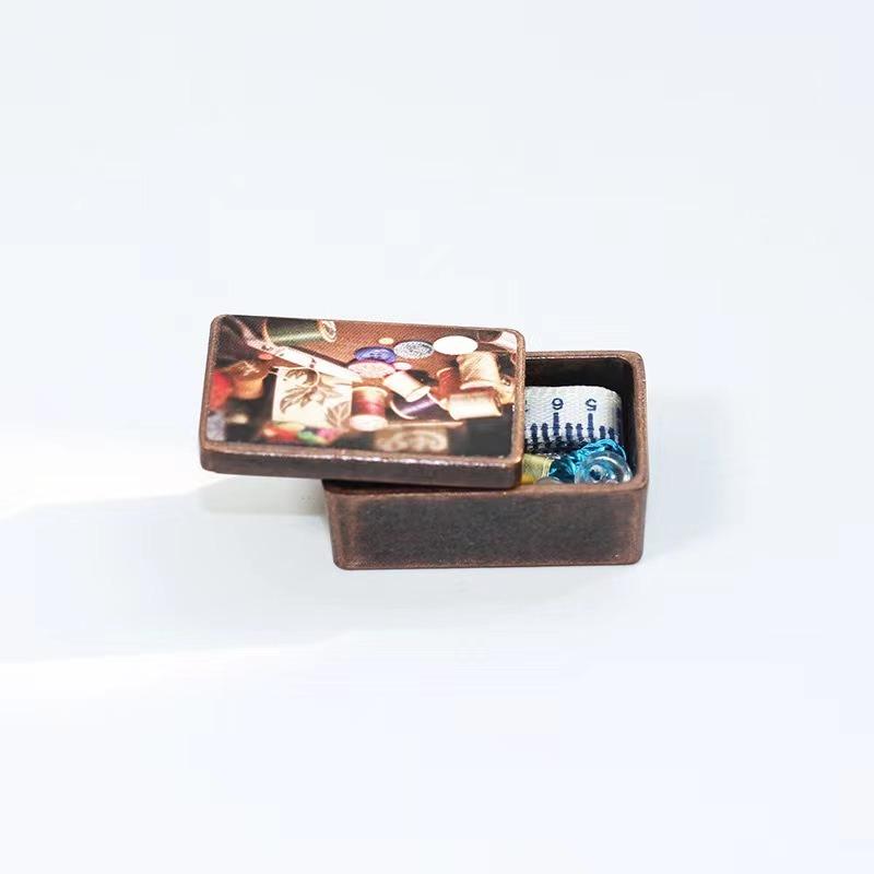 Miniature Sewing Box Toy Model 1:12 Dollhouse Accessories Pretend Play Delicate Details Die-cast Metal Mini Work Box for Kids