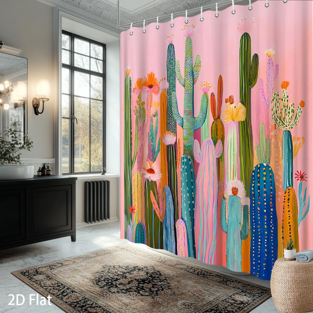 1Pc Desert Botanical Shower Curtain Abstract Cacti & Blossoms In Pink, Teal, Coral On Rose Ground, Print For Bathroom Decor