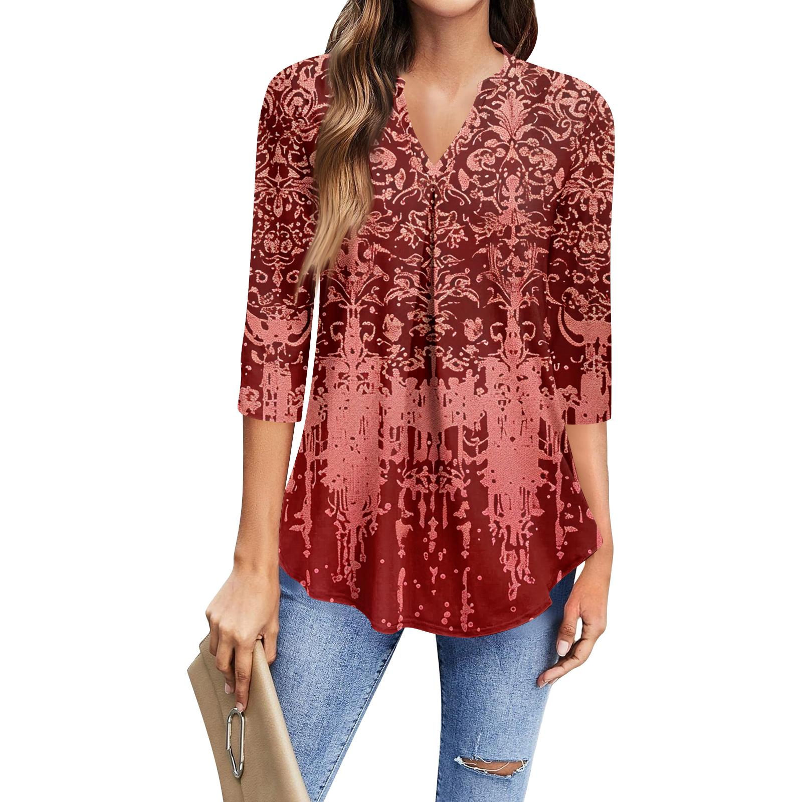 

Women s Fashion Casual Three-Quarter Sleeve T-Shirt Printed V-Neck Top XXL червоний