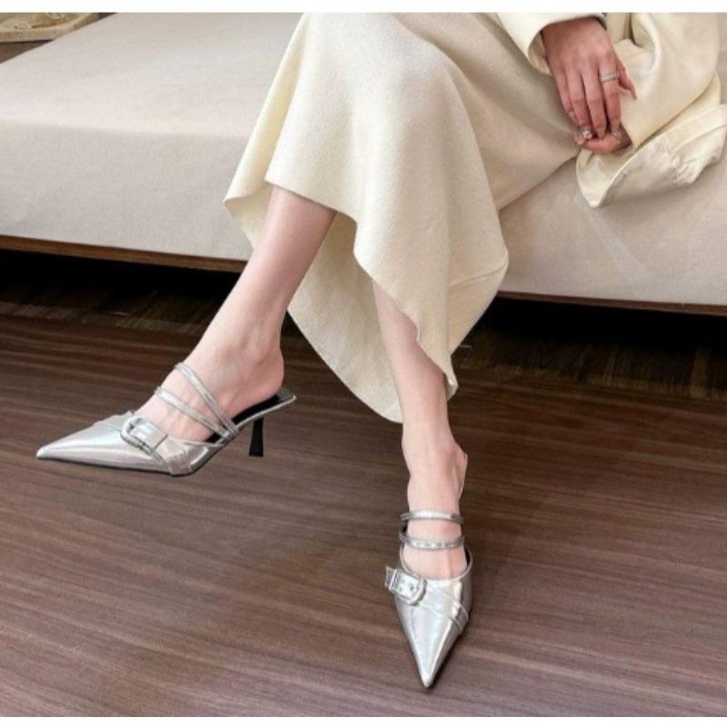 Neuer Damen-Designstil Plissierte Keilabsätze Hohe Absätze Damen Hausschuhe Elegante Spitze Bankett Party Mules Schuhe Zapatos De Mujer
