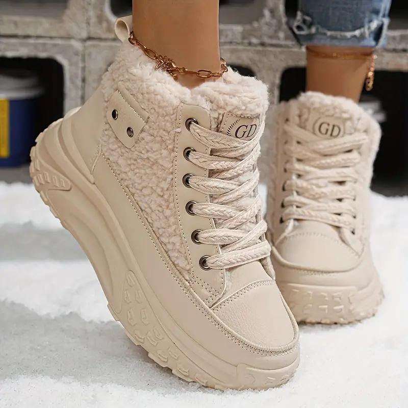 Women'S Chunky Platform Ankle Boots - Winter Warm Fleece-Lined Low Heel Lace-Up Boots with Thick Rubber Sole, Round Toe Sonw Boots