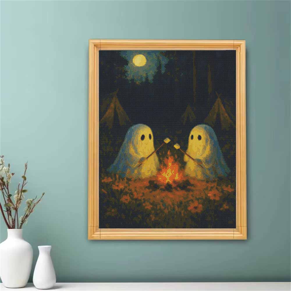 DIY Diamond Painting Kit Cute Ghost Campfire Pattern 5D Full Drill Canvas Art Creative Craft Gift for Girls and Adults