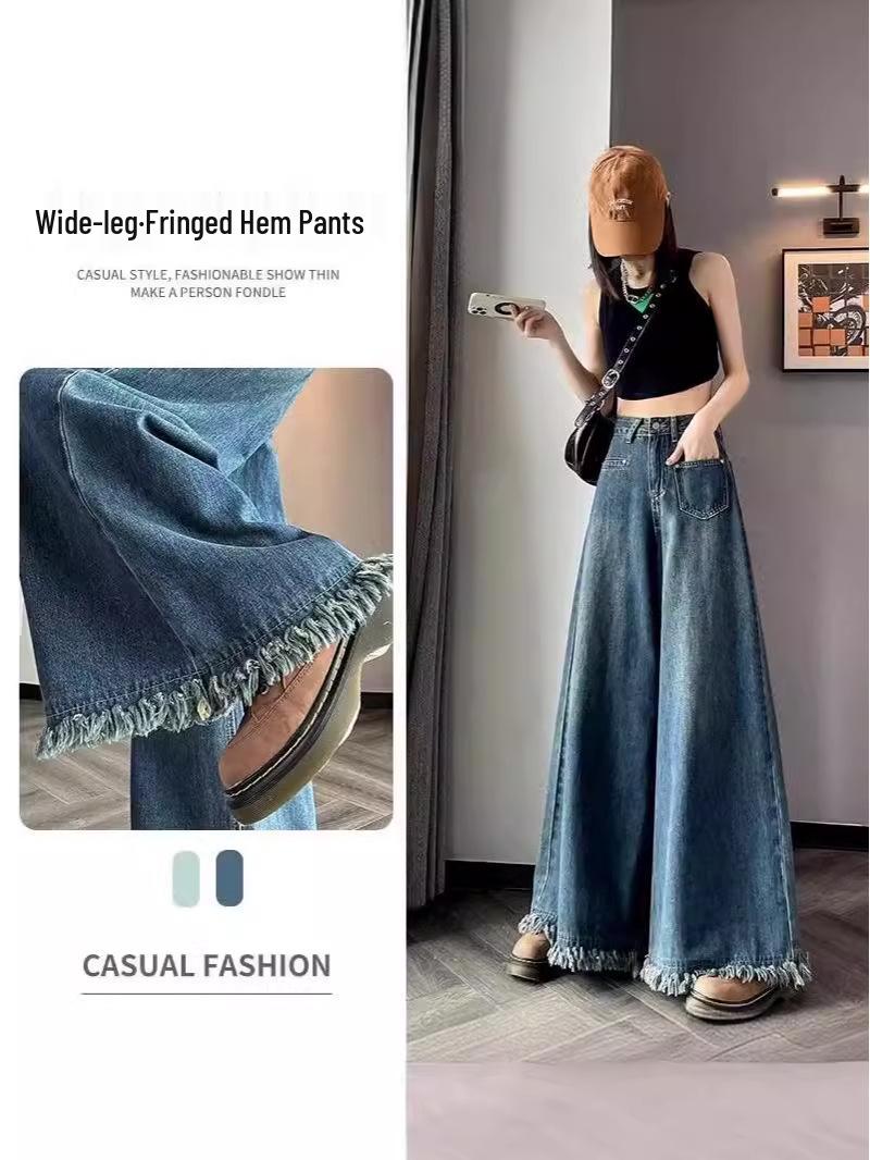 Women s Vintage Frayed Wide-Leg High-Waisted Jeans - Summer 2024 Floor-Length Design 3XL