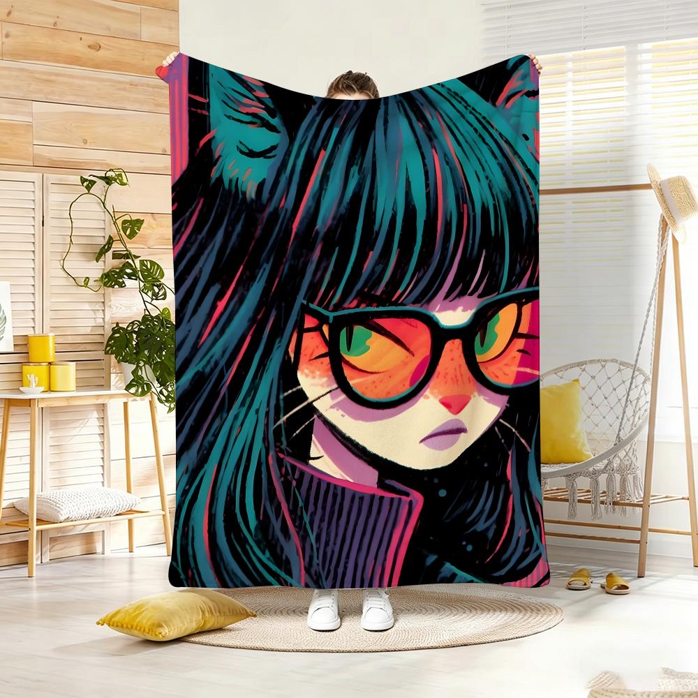 Artwork C-Cat Ear Girl Throw Lightweight 240g Flannel Blanket Soft Skin-friendly for Summer Cooling