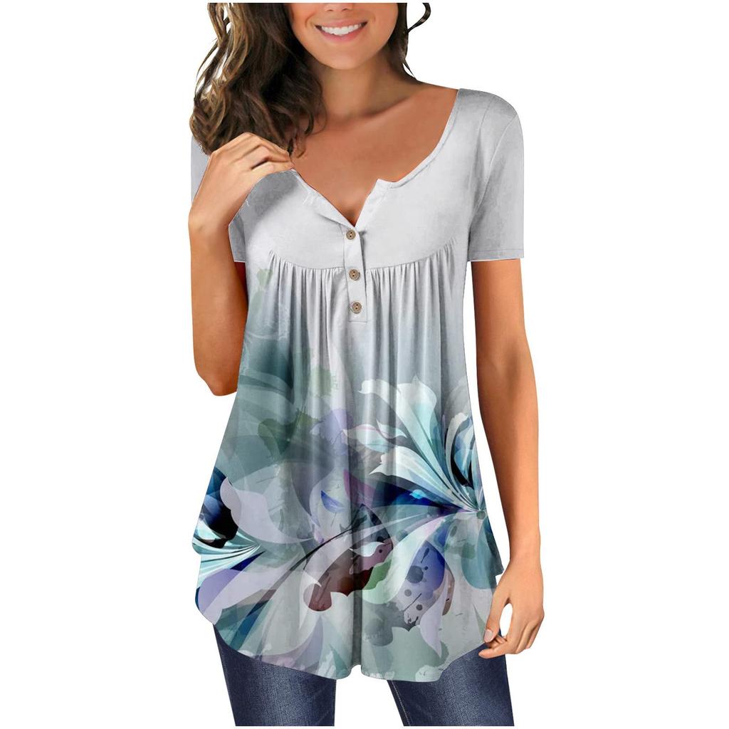 Tunica a maniche corte da donna T-shirt larghe T-shirt casual taglie forti Tunica a pieghe Bottoni T-shirt floreali estive casual per le donne