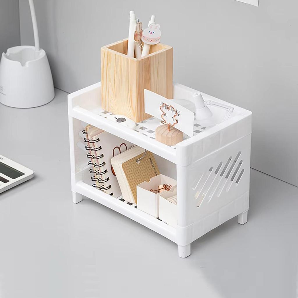 1PC PP Desktop Double Layer Storage Rack Rectangular White Organizing Student Desk Office Cosmetics Stationery
