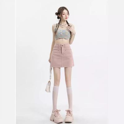 Falda Vaquera de Verano para Mujer Rosa Sucio Cintura Alta Corte A - Ajuste Slim, Anti-Exposición, No Elástica.