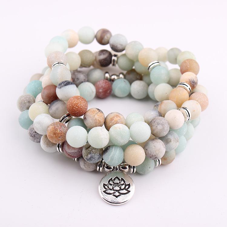 European & American Fashion 108 Bead Natural Weathered Stone Bracelet Necklace with Lotus Pendant