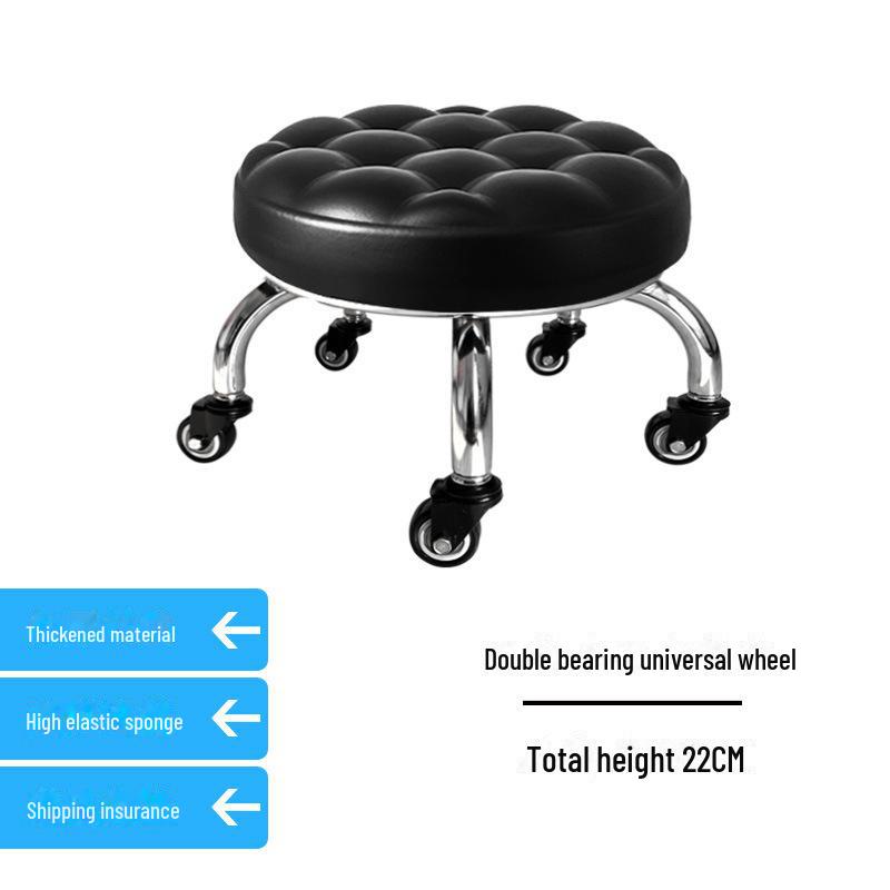 Silent Mobile Beauty Stool with Universal Wheels - Multifunctional, Low-Profile, Round Design for Home or Studio Use.