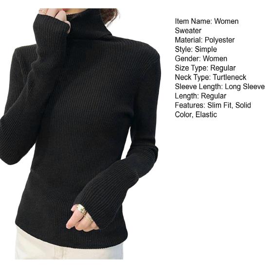 Women Sweater Turtleneck Long Sleeve Solid Color Bottom Tops High Elasticity Regular Fit Knitting Tops Knitwear