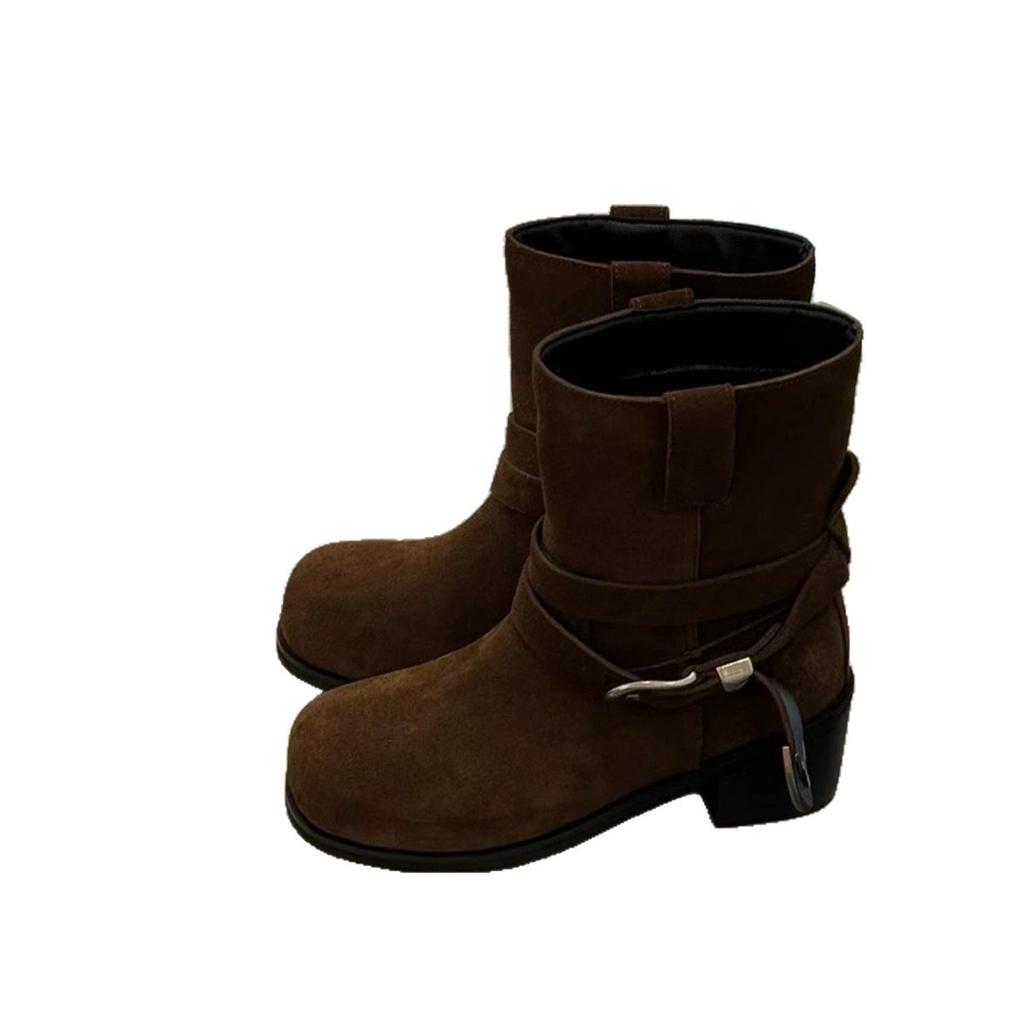 Sheepskin Version~ Retro Square Head Thick Heel Heightened Western Cowboy Boots Belt Buckle Martin Boots Women's 2025 New Short Boots