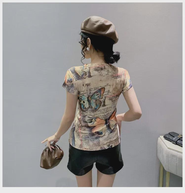 Europäische Station 2023 Sommer Cartoon-Print Slim-Fit Damen-T-Shirt