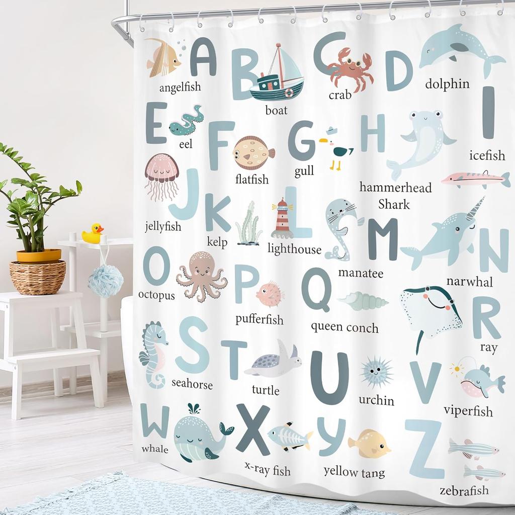 Kids Shower Curtain Cute Cartoon Alphabet ABC Sea Animal Blue Educational Ocean Bathroom Curtain Set Baby Boys Girls BathCurta