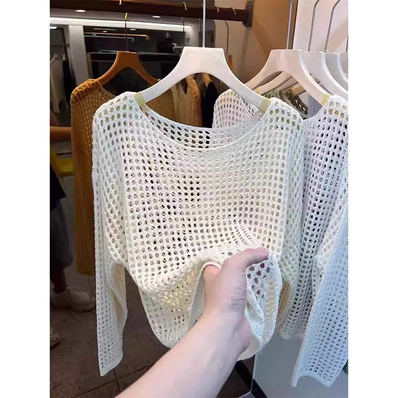 

Сетчатый винтажный женский свитер с длинным рукавом в стиле Харадзюку, корейский трикотаж на весну и лето, мягкие тонкие топы, шикарный однотонный женский свитер One Size абрикосовый