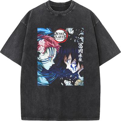 Anime Demon Slayer Tomioka Giyuu Akaza Graphic Tee Men Women Retro Washed T-shirts Cotton Manga T Shirt Harajuku Casual Tshirt