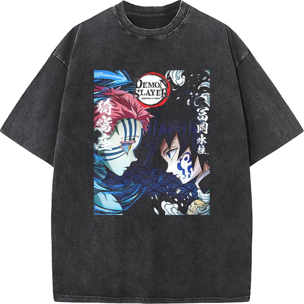 Anime Demon Slayer Tomioka Giyuu Akaza Graphic Tee Men Women Retro Washed T-shirts Cotton Manga T Shirt Harajuku Casual Tshirt